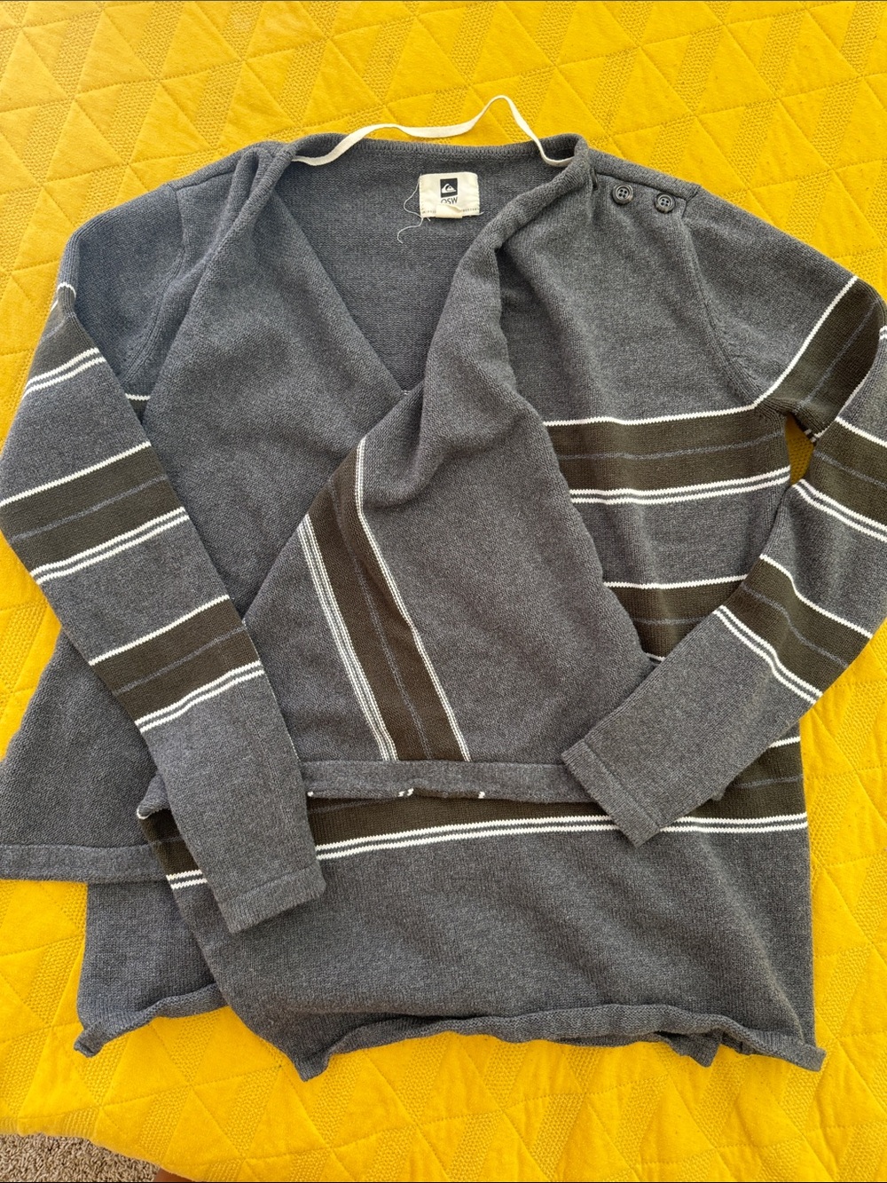 Women’s Gray/Green Striped Open Cardigan Sweater with Shoulder Buttons